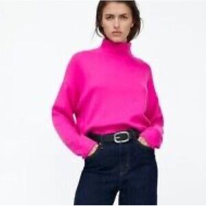 NWT Women's Bright Pink Turtleneck Cropped Sweater